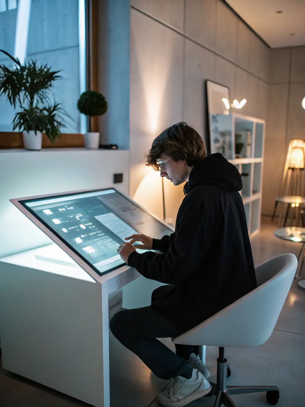 A researcher deeply engrossed in analyzing complex datasets on a large monitor, with lines of code and AI model visualizations visible on the screen, representing cutting-edge AGI research.