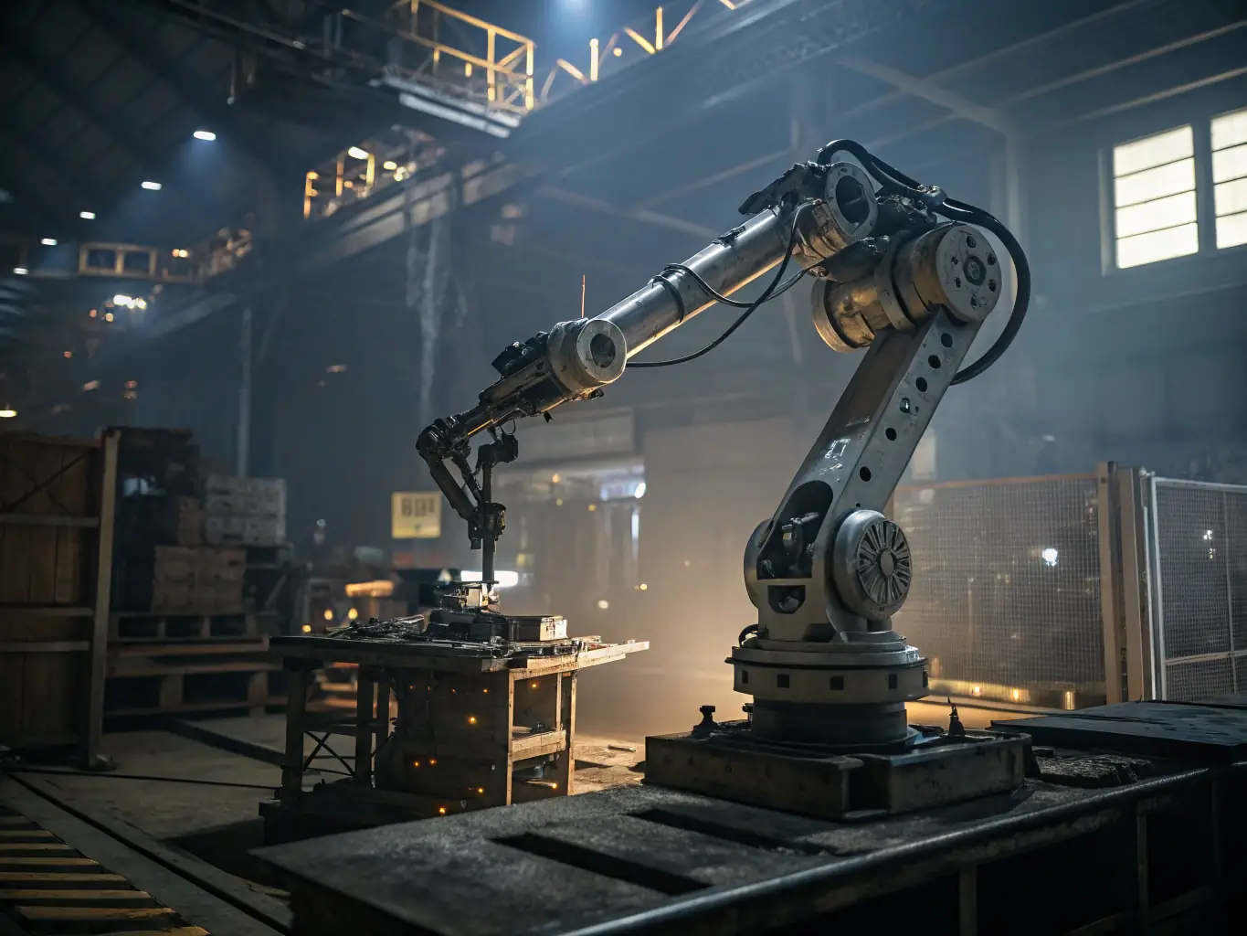 A digital illustration depicting a robotic arm dynamically adjusting its movements based on real-time data inputs, showcasing the adaptability of automation in a manufacturing setting. The background includes various sensors and data streams.