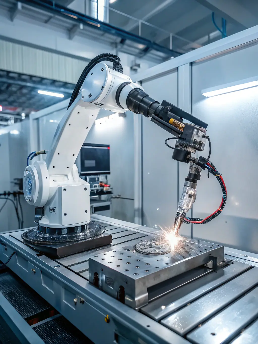A robotic arm seamlessly integrating with existing manufacturing processes, autonomously adjusting its movements and tasks based on real-time feedback and changing production demands.