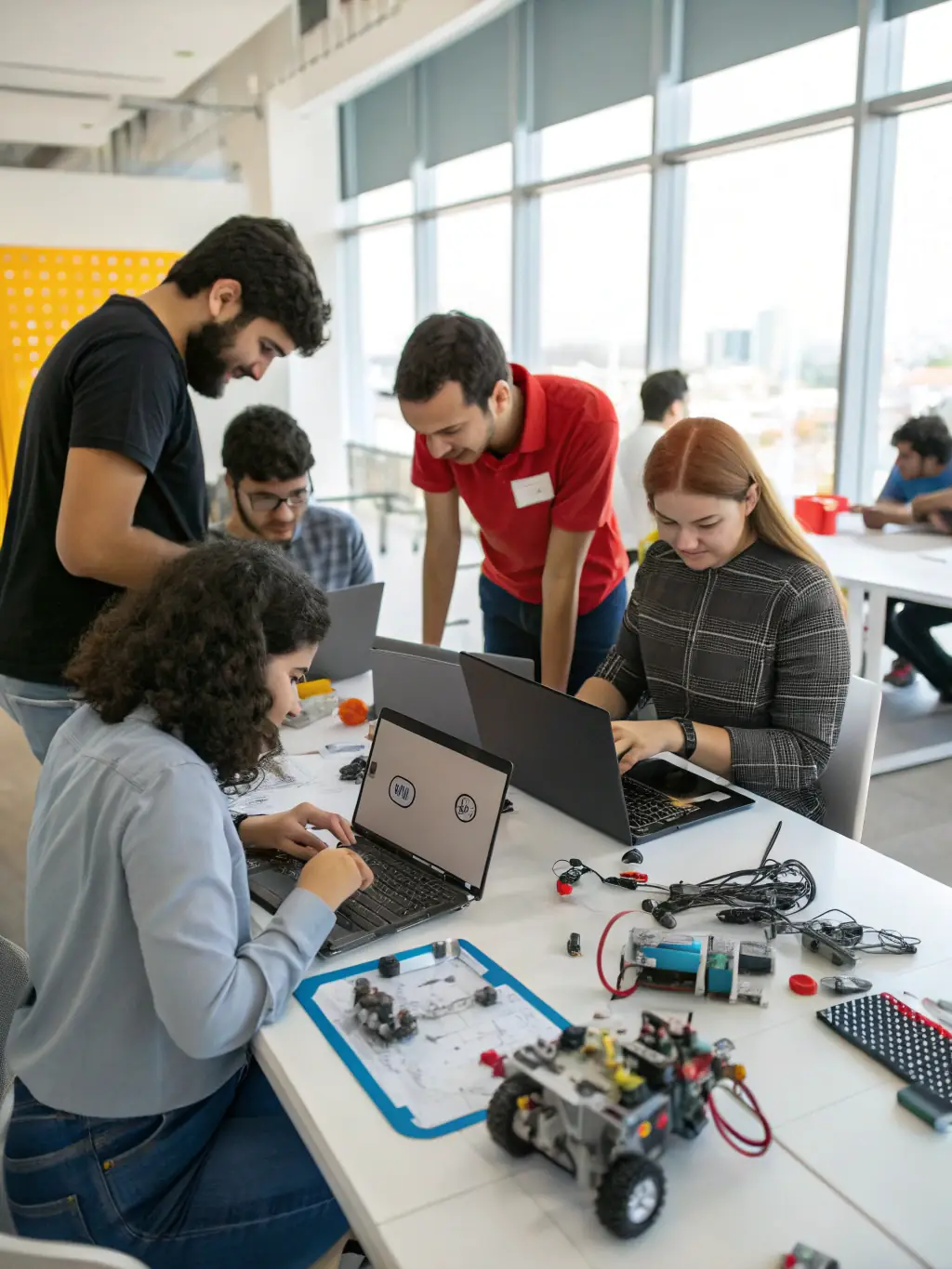 A diverse team of engineers and researchers working collaboratively in a modern, open-plan lab space, surrounded by advanced prototyping equipment and interactive displays showcasing real-time data visualizations.