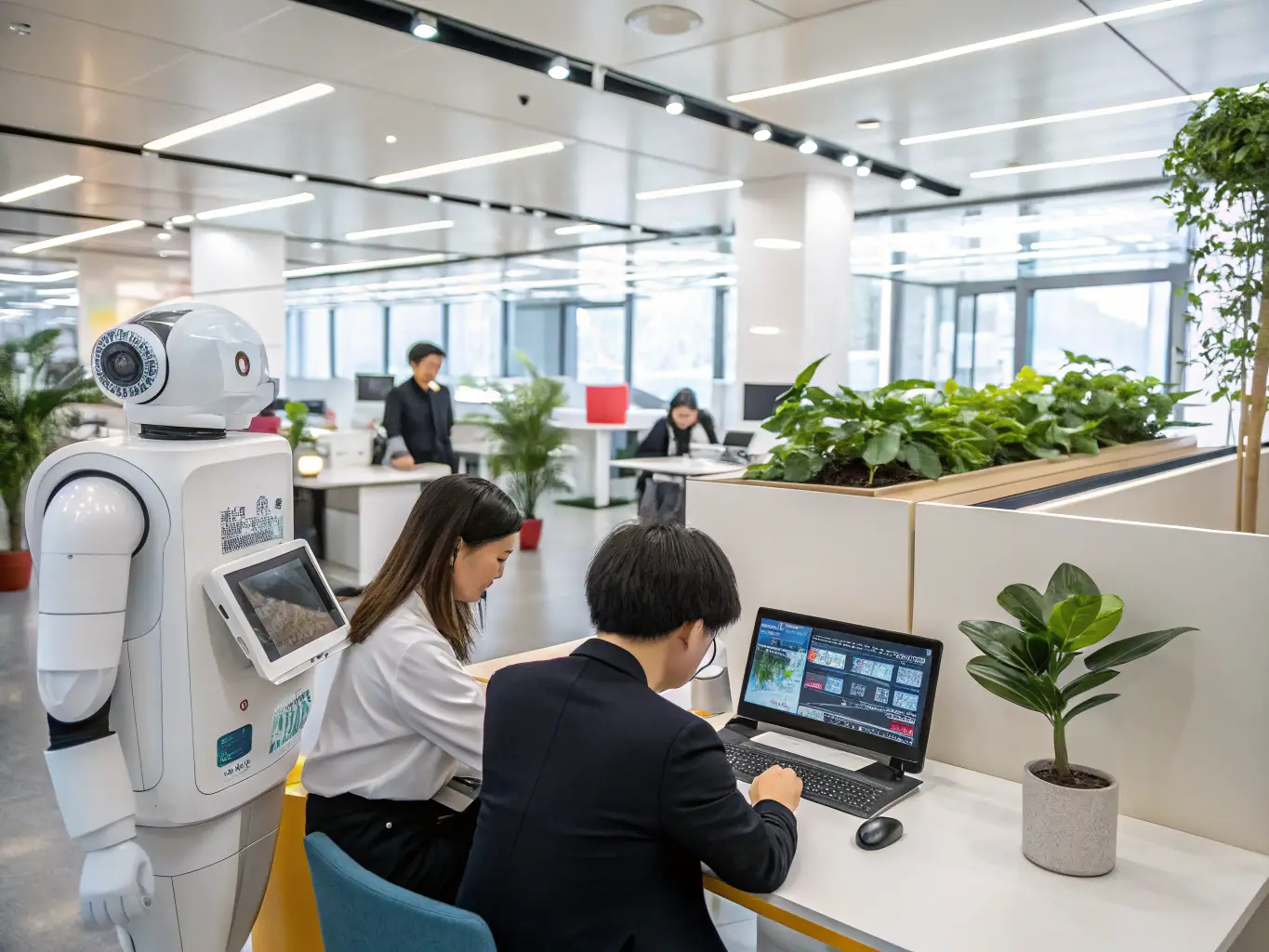 A photograph of a modern office environment where AI-powered systems are managing resource allocation and task assignments, demonstrating the application of adaptive automation in optimizing workforce management.