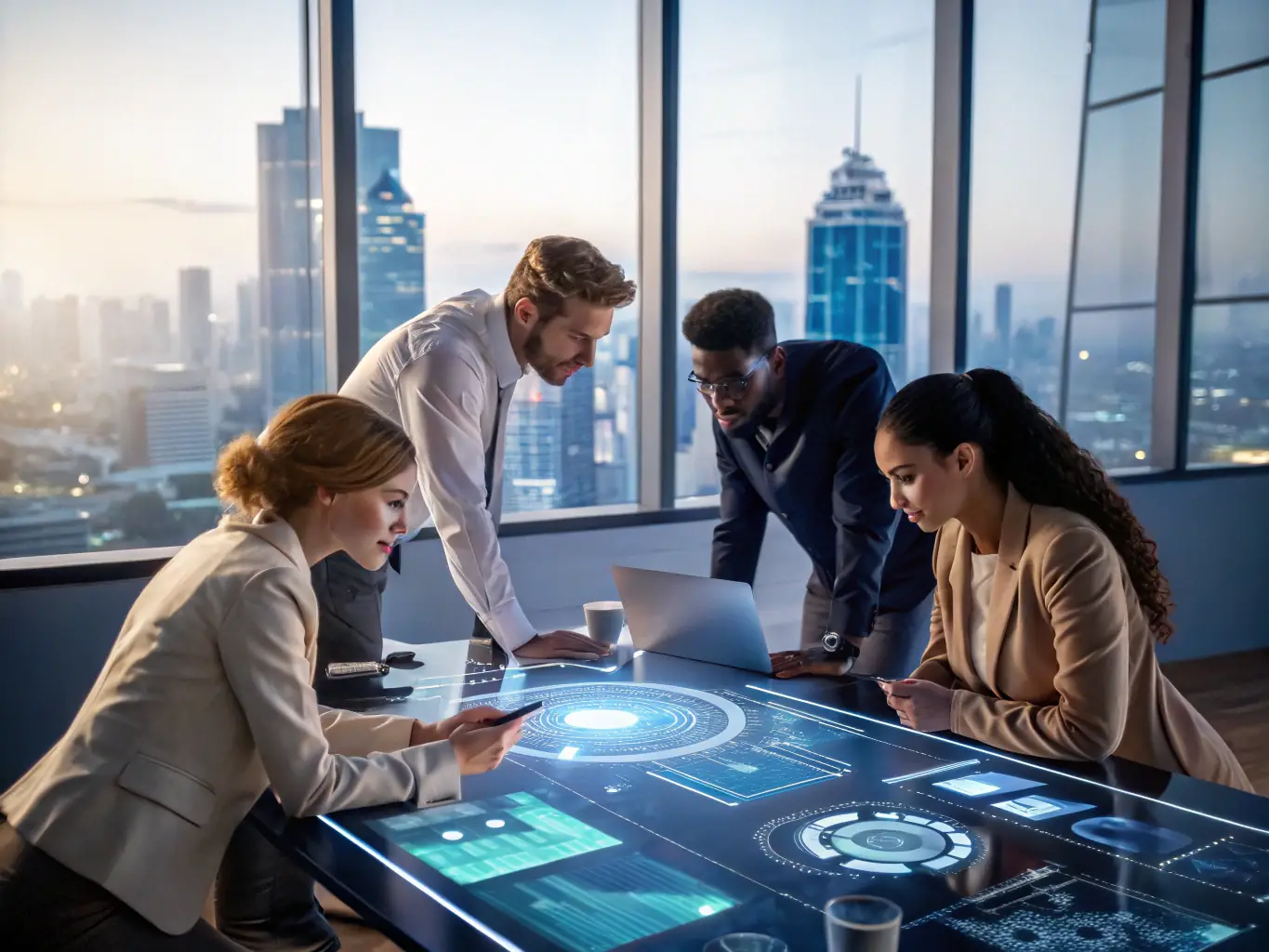 A digital illustration depicting a team of engineers collaborating around a holographic projection of an AGI application prototype, showcasing DEV Bay's rapid prototyping capabilities.
