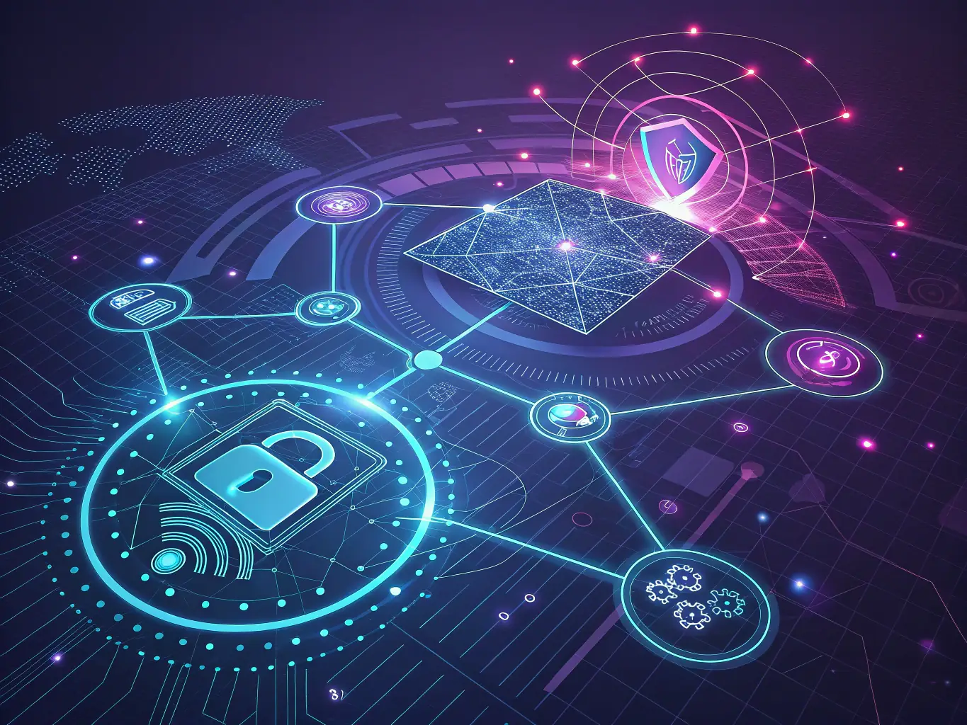 A conceptual image showing a network of interconnected systems with AI agents dynamically responding to security threats and anomalies, illustrating the role of adaptive automation in enhancing cybersecurity.